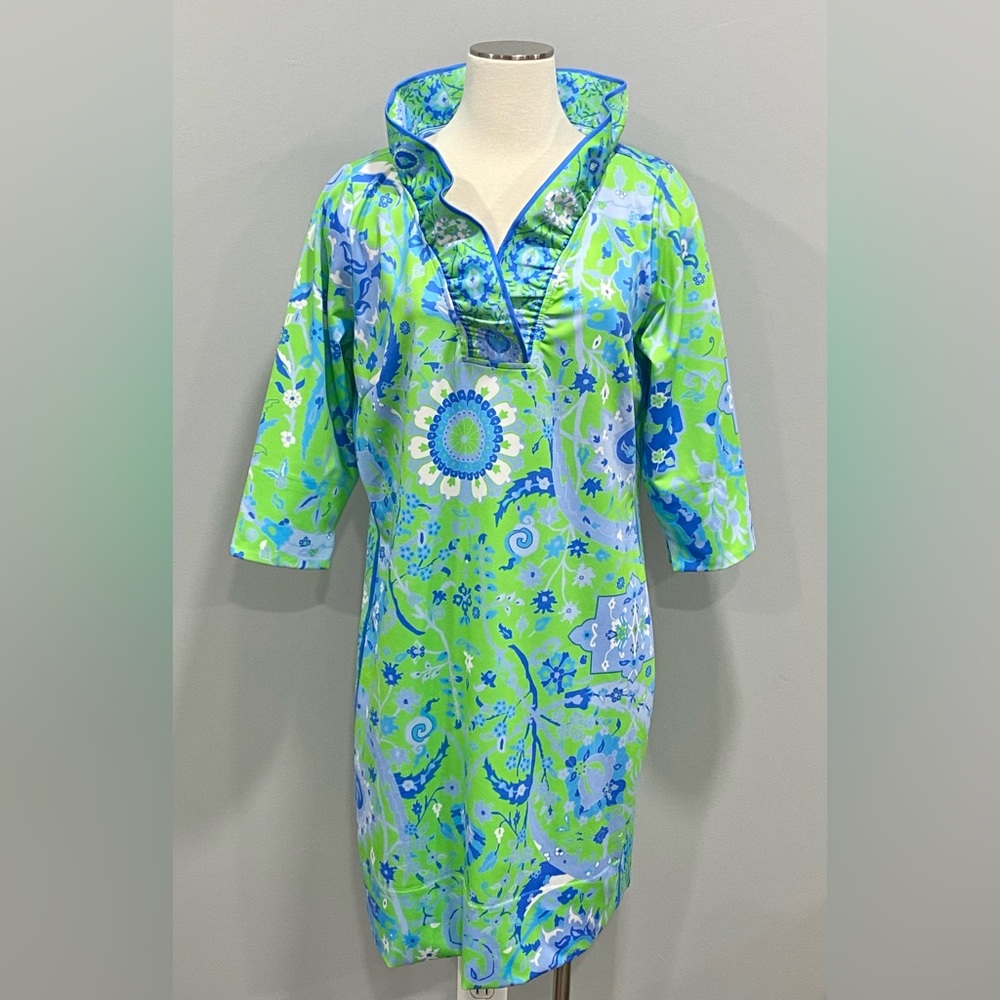 Gretchen Scott Ruff Neck Dress in Magic Carpet Green Blue White Floral Size XL